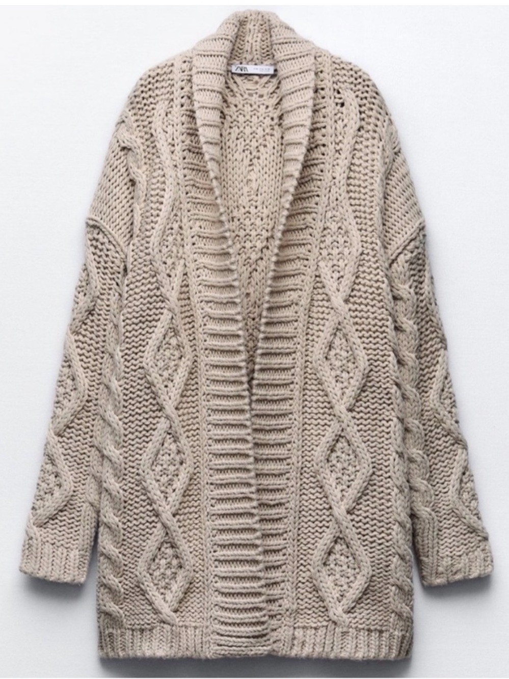 Zara Chunky Cable Knit Open-Front Cardigan - Beige